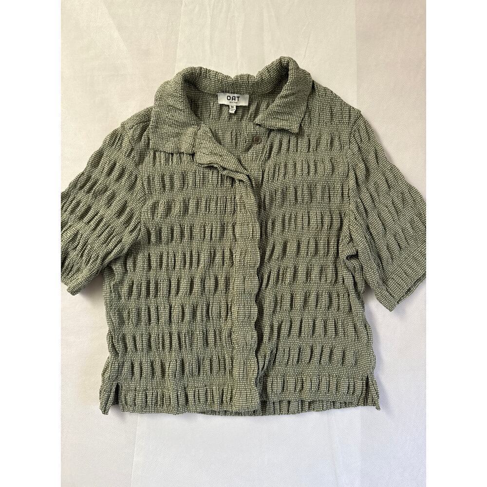 Women’s OAT Green Speckled Textured Stretchy Button up Sz M